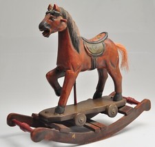 Vintage Hand Carved Wooden Rocking Horse Painted Primitive Folk Art- 13 1/4"Lgth