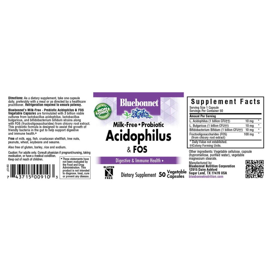 Bluebonnet Milk-Free Probiotic Acidophilus & Fos 50 Veg Capsules - Image 4 of 4