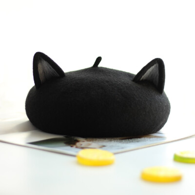 Lady Beret Cap Painter Hat Lolita Wool Blended Black Cat Ear  display picture 1