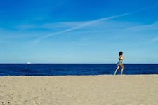 Landscape women running beach sea water coast outdoors Custom Gaming Mat Desk