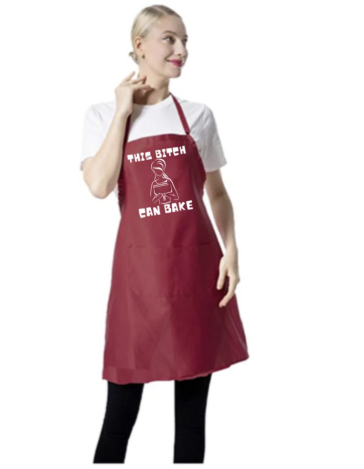 MISTER SNARKY This Bitch Can Bake - Deep Red Apron with Pockets and White Design
