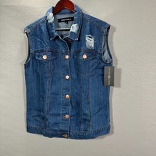 Ashley Mason Denim Vest Womens Small Jacket Distressed Bird Embellishment New