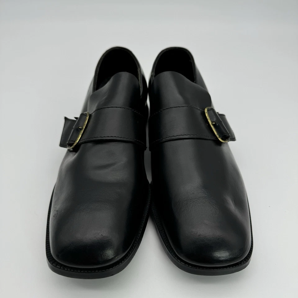 ZAPATOS DE VESTIR DE COLECCIÓN AÑOS 60 70 PARA HOMBRE CORREA ÚNICA HEBILLA DE LATÓN CUERO NEGRO TRABAJO 12 EEE Foto 2 de 4
