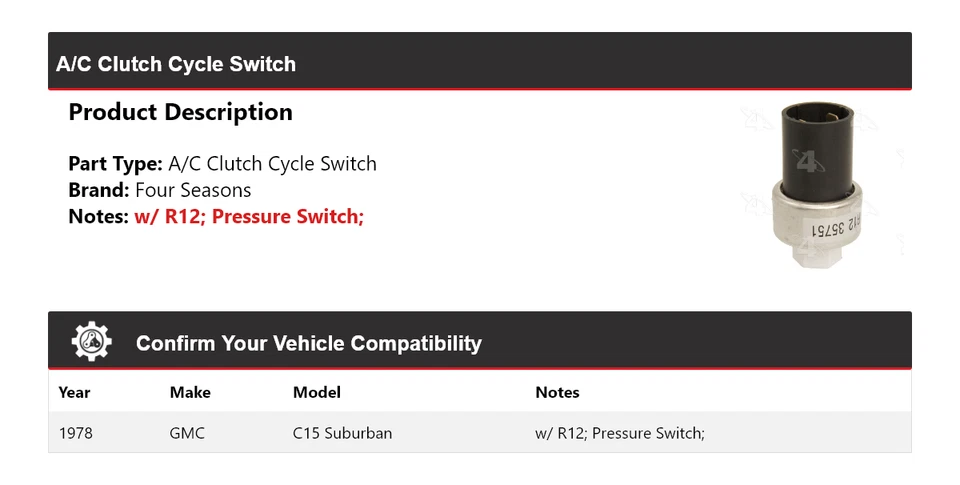 Interruptor de ciclo de embrague de aire acondicionado para GMC C15 1978 Suburban 4 estaciones Foto 2 de 4
