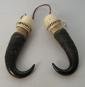 Antique Carved Dark Figural Horn Shaped Knitting Needle Guards w/Bovine Collars