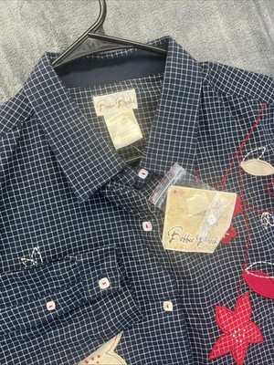 Bobbie Brooks Shirt Embroidered Floral Womens L Blue Check Cottagecore Beads