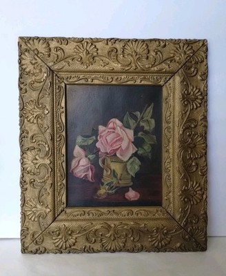 Antique Oil Painting Impressionist PINK ROSES Still Life Ornate