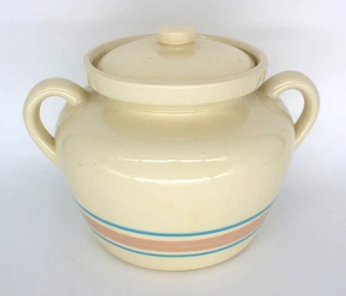 MCCOY Pink & Blue Striped Bean Pot with Lid 7" x 10"
