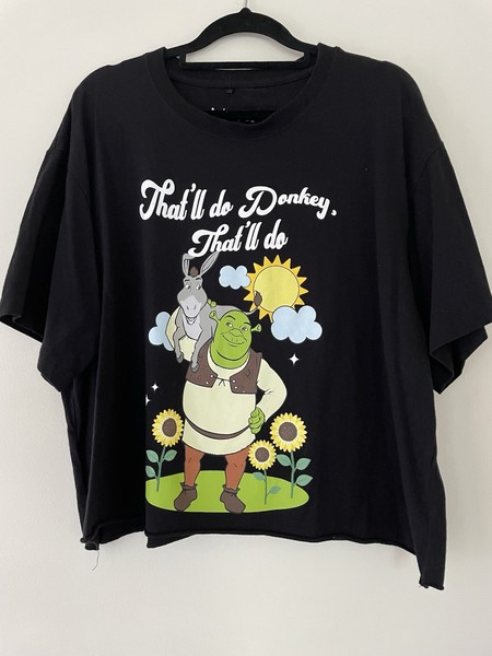 Jay Jays Oversized T-shirt Sz M Cut Off Crop Shrek Donkey Black