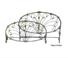 Vintage French Elliott's Designs Iron Gold Silver Queen Bedframe Headboard