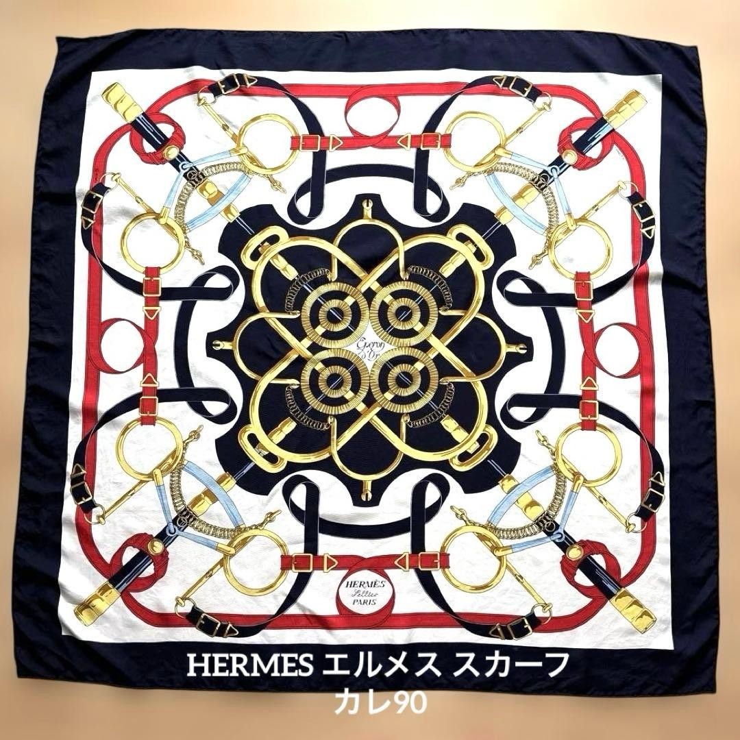 HERMES Eperon d'Or Carre 90 Silk 100% Scarf Multicolor Authentic G04121107