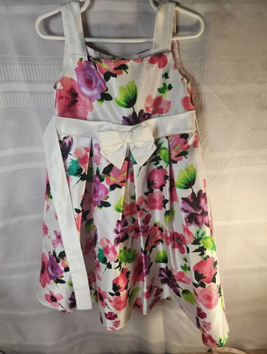 CHEROKEE Girls Special Occasion Floral Dress White Bow & Ties Size 5T EUC UB2