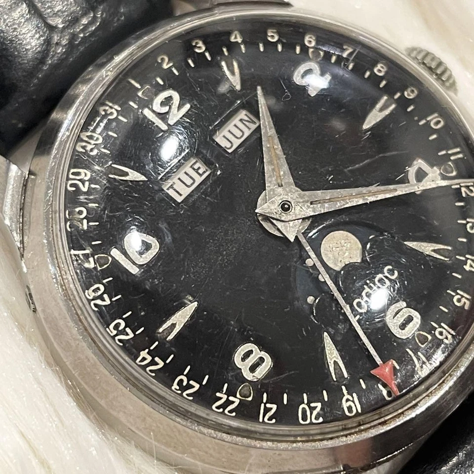 Zodiac Hand-Winding Watch Moonphase SS Steel Leather Band Used - Image 3 of 4