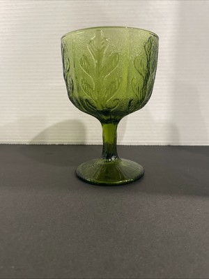 Vintage FTD 1975 Green Glass Footed Goblet With Oak Leaf Pattern