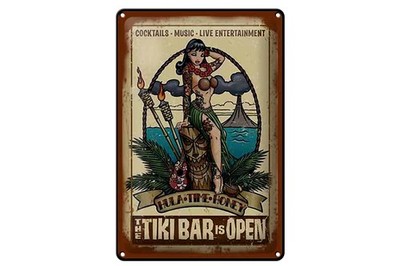 Schild Blech 20x30cm - Made in Germany - Pin-up TIKI Bar is Open Cocktail Music