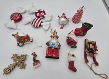 Lot of 15 Assorted Christmas Ornaments.  Santa, Snowman, Large Candy, Wood Sled