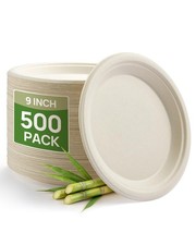 9 Inch Bulk Compostable Sugarcane Plates 500 Pack  Natural  100 FSC Cert