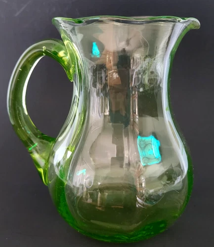 Vintage Uranium Glass Pitcher 7.5" Green Depression Glass UV Reactive