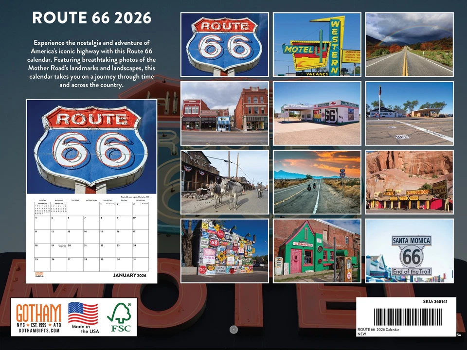 Calendario de pared mensual Route 66 2026 RT 66 12 meses 12x18 Foto 2 de 4