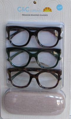 C&C CALIFORNIA 3 Pack CAT EYE  Premium Reading Glasses & Reader Hard Case NEW