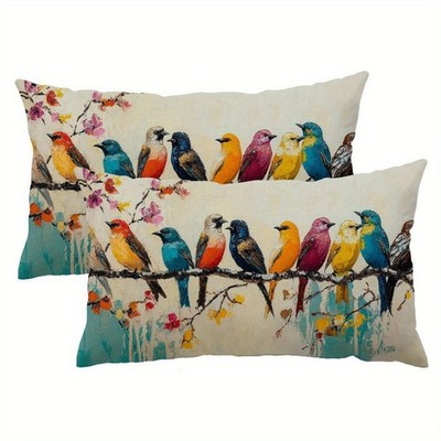 Colorful Birds on Branch Throw Pillow Case Set Nature Decor Cushion Cover Gift