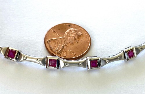 NOS 14K SP 585 Solid White Gold Diamond Ruby Ladies Classy Tennis Bracelet - Picture 8 of 12
