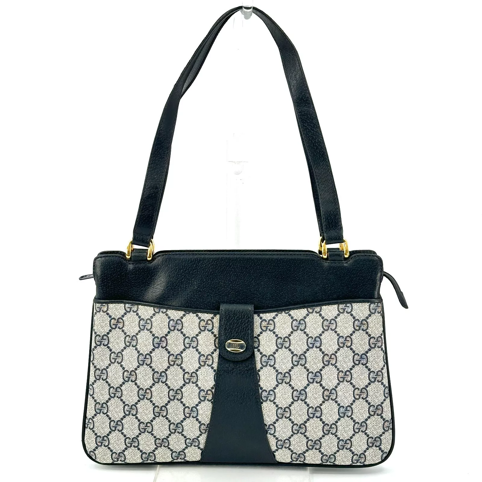 Sac fourre tout vintage GUCCI GG sac à main bleu marine PVC cuir authentique