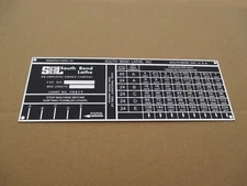 SOUTH BEND LATHE PLATE 13" THREADING CHART TAG 7 7/8" X 2 3/4" Chart No. 1541T