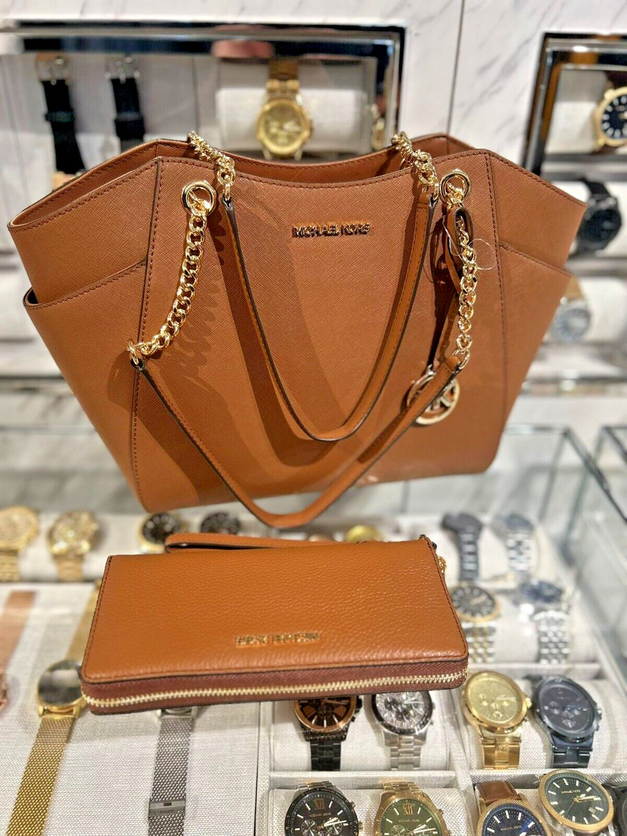 Michael Kors Jet Set Large Leather Chain Shoulder Tote Bag +