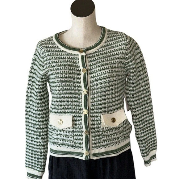 Nuevo con etiquetas Cárdigan Nanette Lepore Verde/Crema Acogedor Boucle Tweed Cárdigan Chaqueta XS Foto 2 de 4