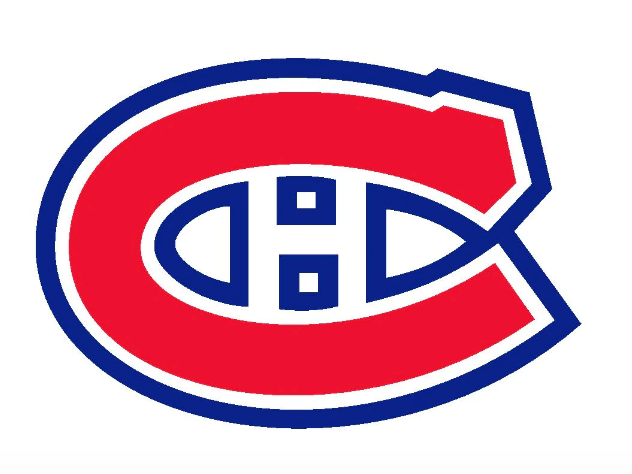 Red 5-inch Montreal Expos bumper sticker with blue outline, white squares, and text “Montréal Canadiens” in bold blue.