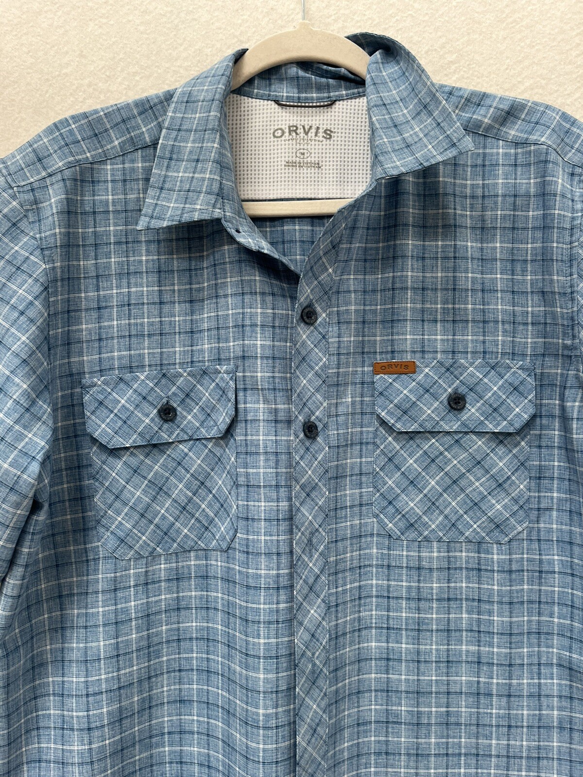 Orvis Men's Blue Check Plaid Button Up Short Sleeve Outdoor Shirt Size Medium