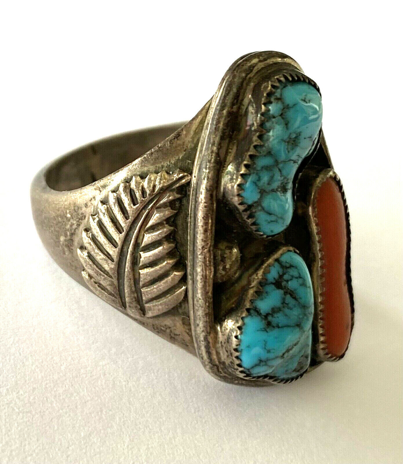 1950s Atkinson Navajo Turquoise Red Coral Men's R… - image 7