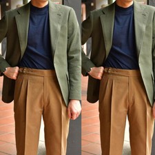 Summer Olive Green Men's Seersucker Suits Casual Work Jacket Brown Pant 2 Pieces