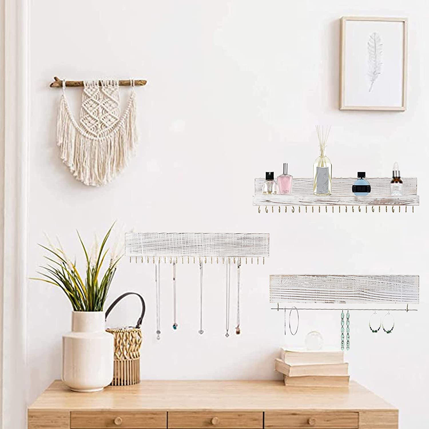 Hanging Jewelry Rack Set of 3, WallMounted Wooden Jewelry Storage Rack