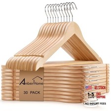 Pack Wooden Coat Hangers Wood Suit Hangers with Non-Slip Pant Bar, 30 Natural