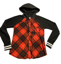 No Boundaries Women s Plaid Hooded Button Down Flannel Shirt Size M 7-9