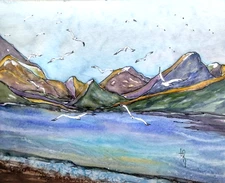 Watercolor Original Painting 8x10in Abstract Sea and Mountain Landscape Unframed