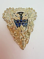 Vintage Brooch Fur Clip Dress Clip Pot Metal Cut Glass Brick Pattern Royal Blue