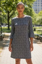 Tommy Hilfiger 3/4 Bell Sleeve Shift Jersey Dress Size 12 Medallion Navy Preppy