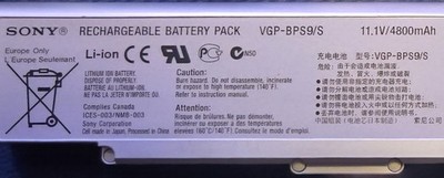 Sony Rechargeable Battery Pack  VGP-BPS9/S   11.1V/4800mAh Li-ion Silver