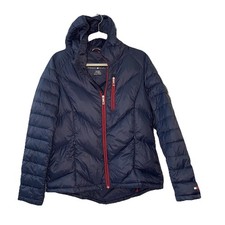 Tommy Hilfiger Jacket Women Large Blue Down Puffer Packable Full Zip Hood Quilt