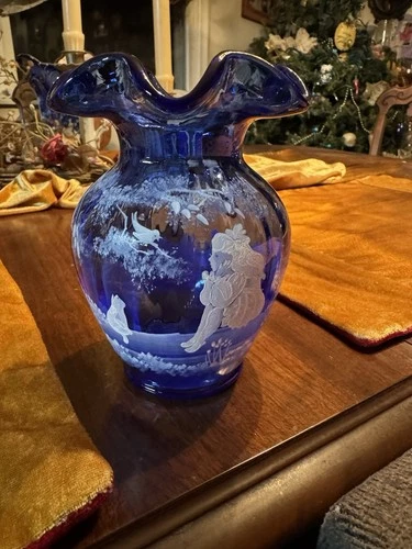 Fenton Cobalt Blue Mary Gregory Girl w Cat Vase Hand Painted Signed Fenton Sigma