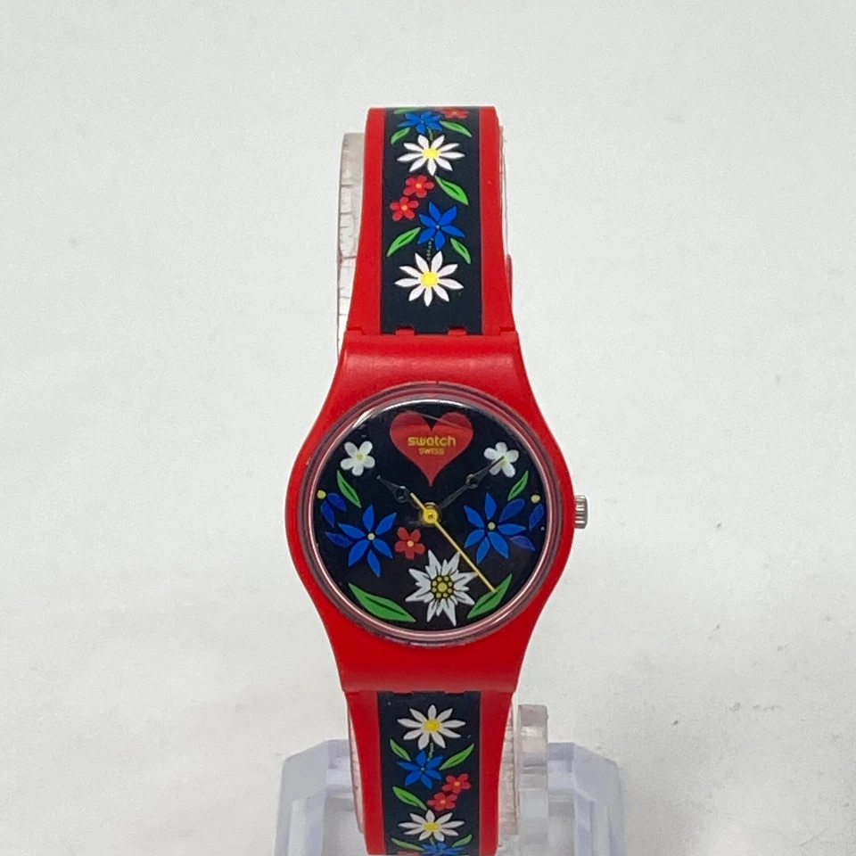 Reloj Swatch Roetli Mujer 25mm Rojo Negro Floral Hecho en Suiza WR Batería Nueva 8" Foto 3 de 4