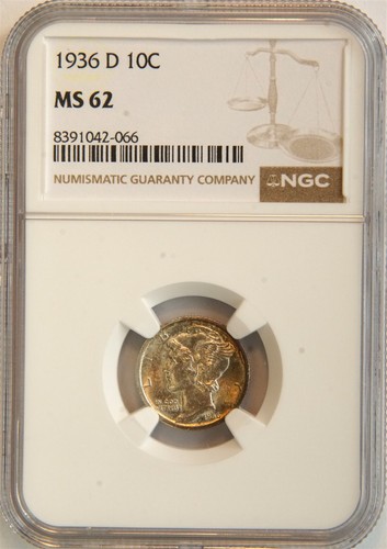 1936 D Mercury Silver Dime MS 62 NGC Sunset Toning 10C US COIN
