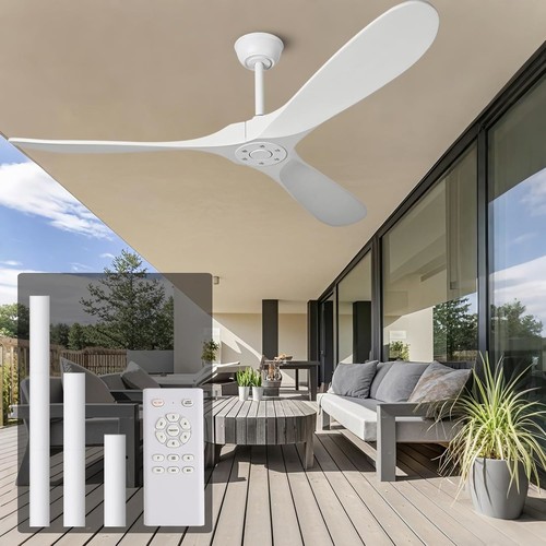 SOZAI 60" White Ceiling Fan No Light Wood Indoor Outdoor Large Farmhouse OB