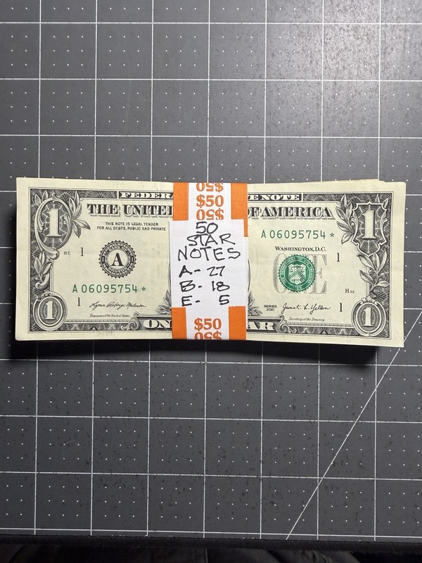 Bundle 50 $1  FR Star Notes , Federal Reserve Notes - A-27 B-18 E-5