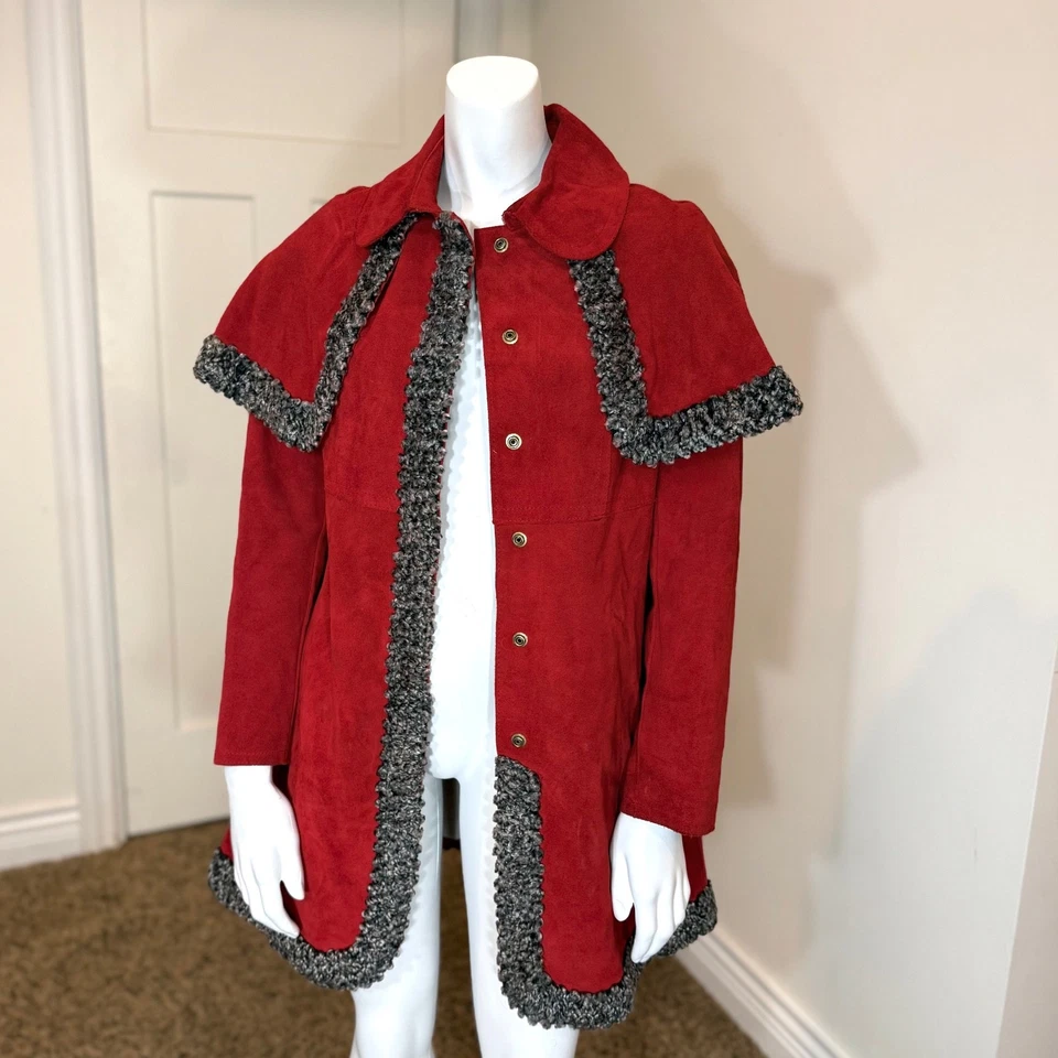 Vintage 70’s PENNY LANE SUEDE CAPE COAT M Leather Fur Jacket Western Cowgirl Red - Image 3 of 4