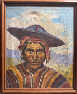 Vintage N A Initialed Andean Man Portrait Oil Painting on Canvas Wood Frame 13.5