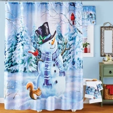 Smiling Christmas Snowman and Winter Friends Fabric Bathroom Shower Curtain